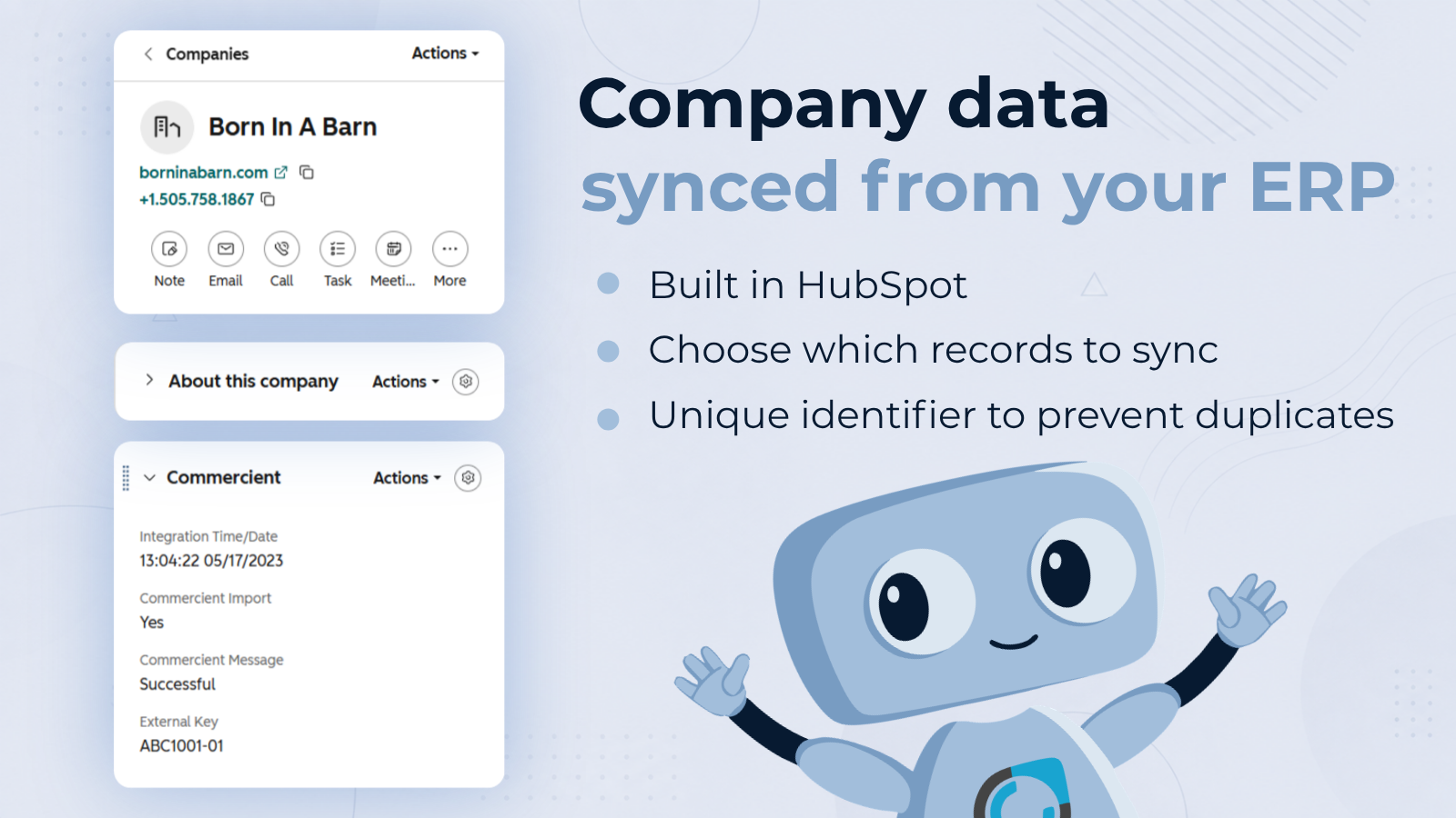 HubSpot company record showing ERP data synced via Commercient, with import status and sync confirmation details.